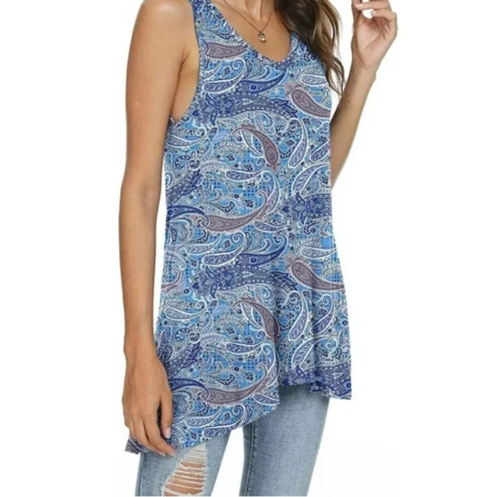 Blue Paisley Sleeveless Women's Top - Picture 4 of 5